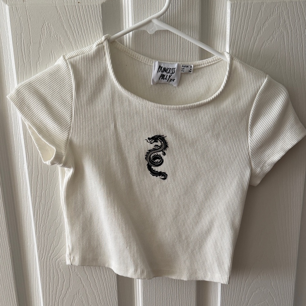 Princess Polly Cream Ribbed Tee with Black Dragon